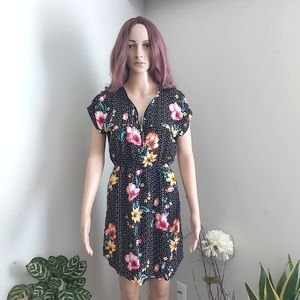 Impress! Floral summer dress 100% rayon black zipper v neck short sleeves